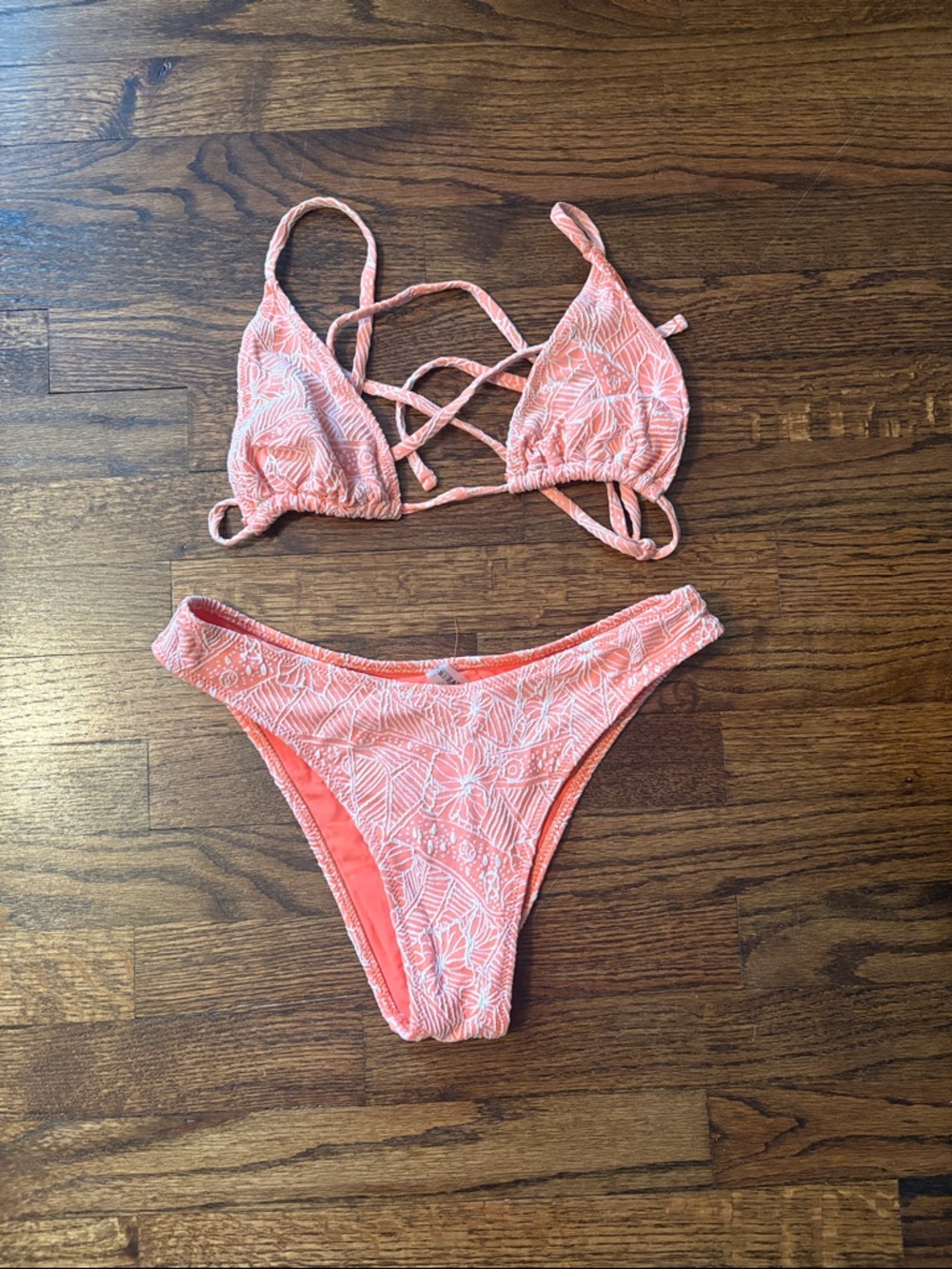 Zaful Coral Lace-Texture Strappy Triangle Bikini